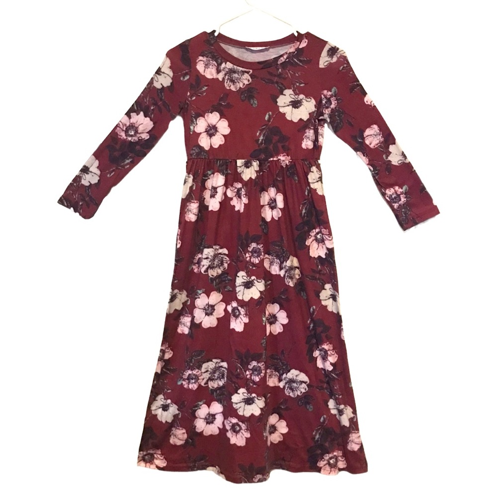 Girls size 9-10 Maroon Red Floral Maxi Long Sleeve Back to School Dress
